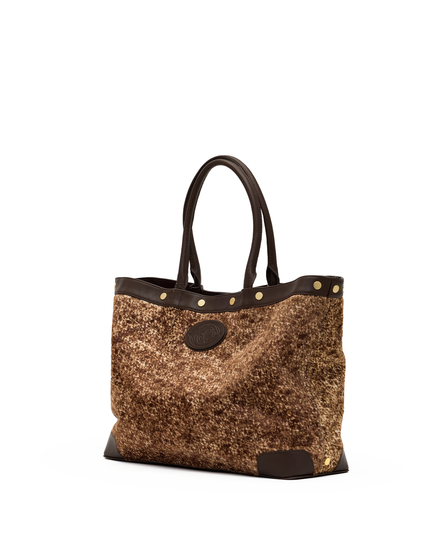 A brown textured tote bag with dark brown leather handles, trim, and base, accented with gold-tone rivets and hardware, shown against a plain white background.
