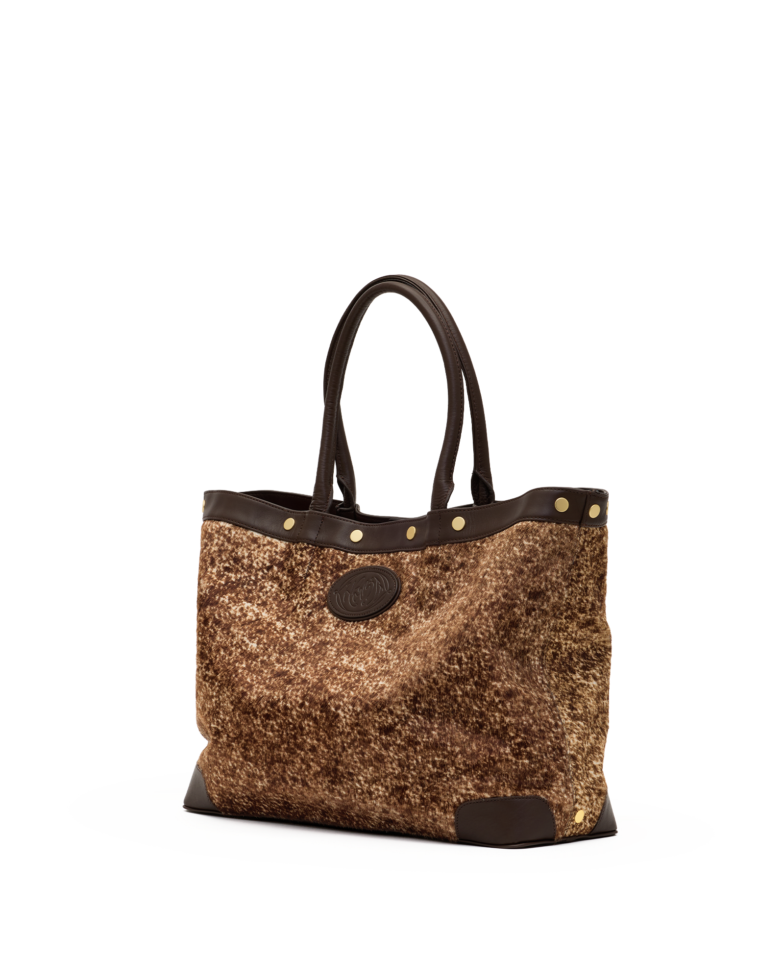 A brown textured tote bag with dark brown leather handles, trim, and base, accented with gold-tone rivets and hardware, shown against a plain white background.