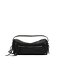 A black leather shoulder bag with a curved top, a front zippered pocket, and a thin strap, photographed on a plain white background.