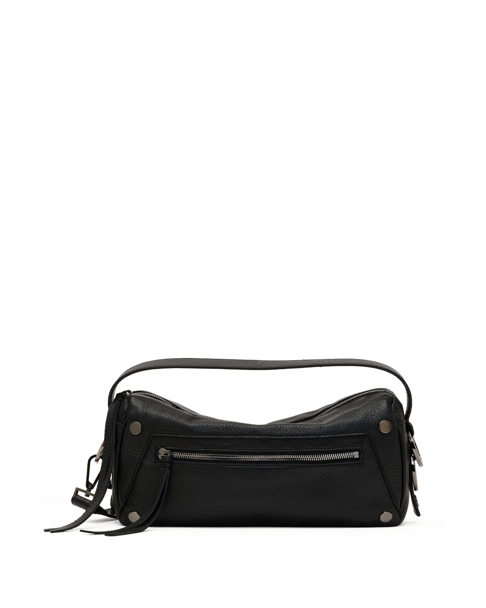 A black leather shoulder bag with a curved top, a front zippered pocket, and a thin strap, photographed on a plain white background.