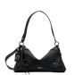 Black handbag with a strap on a white background