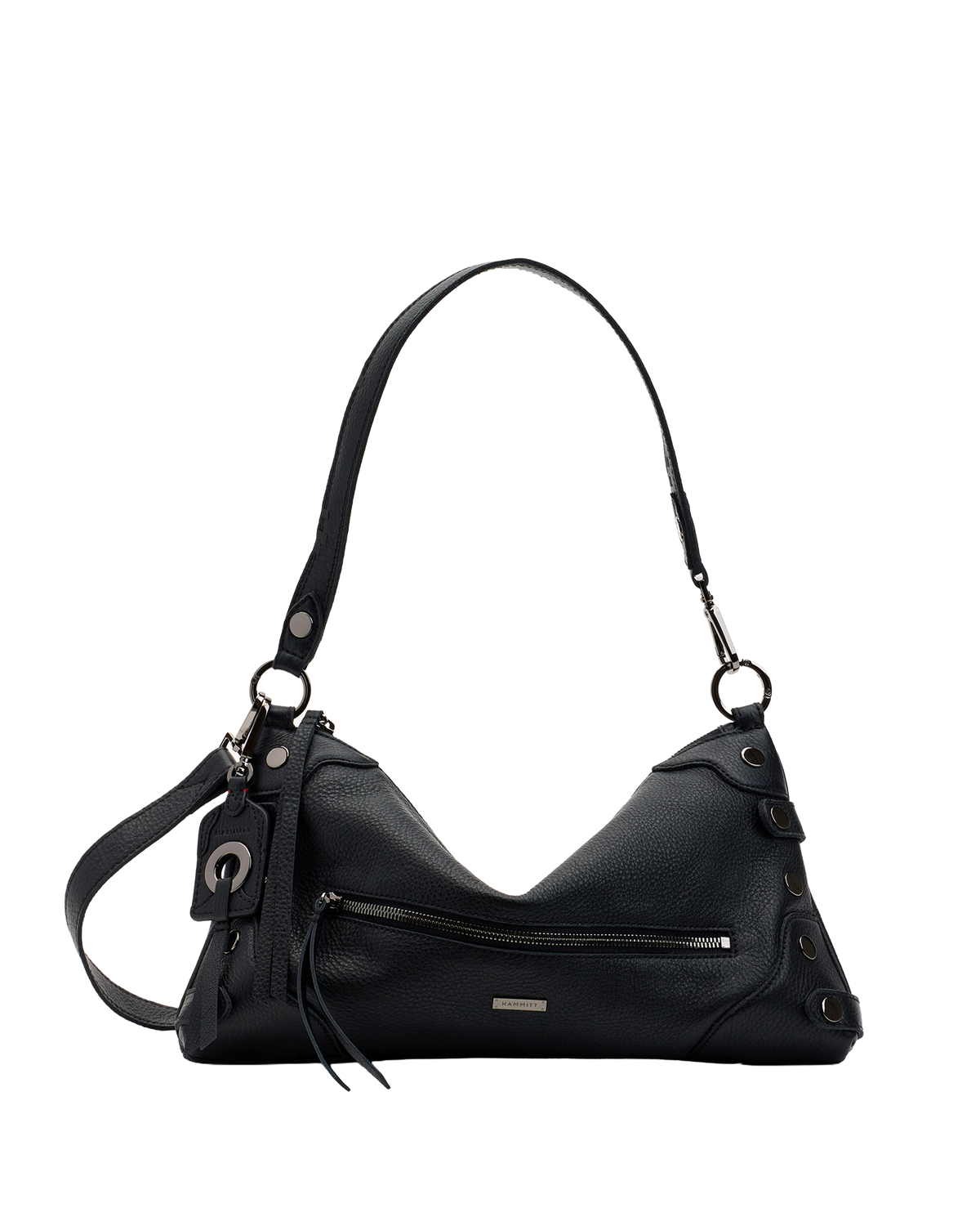 Black handbag with a strap on a white background
