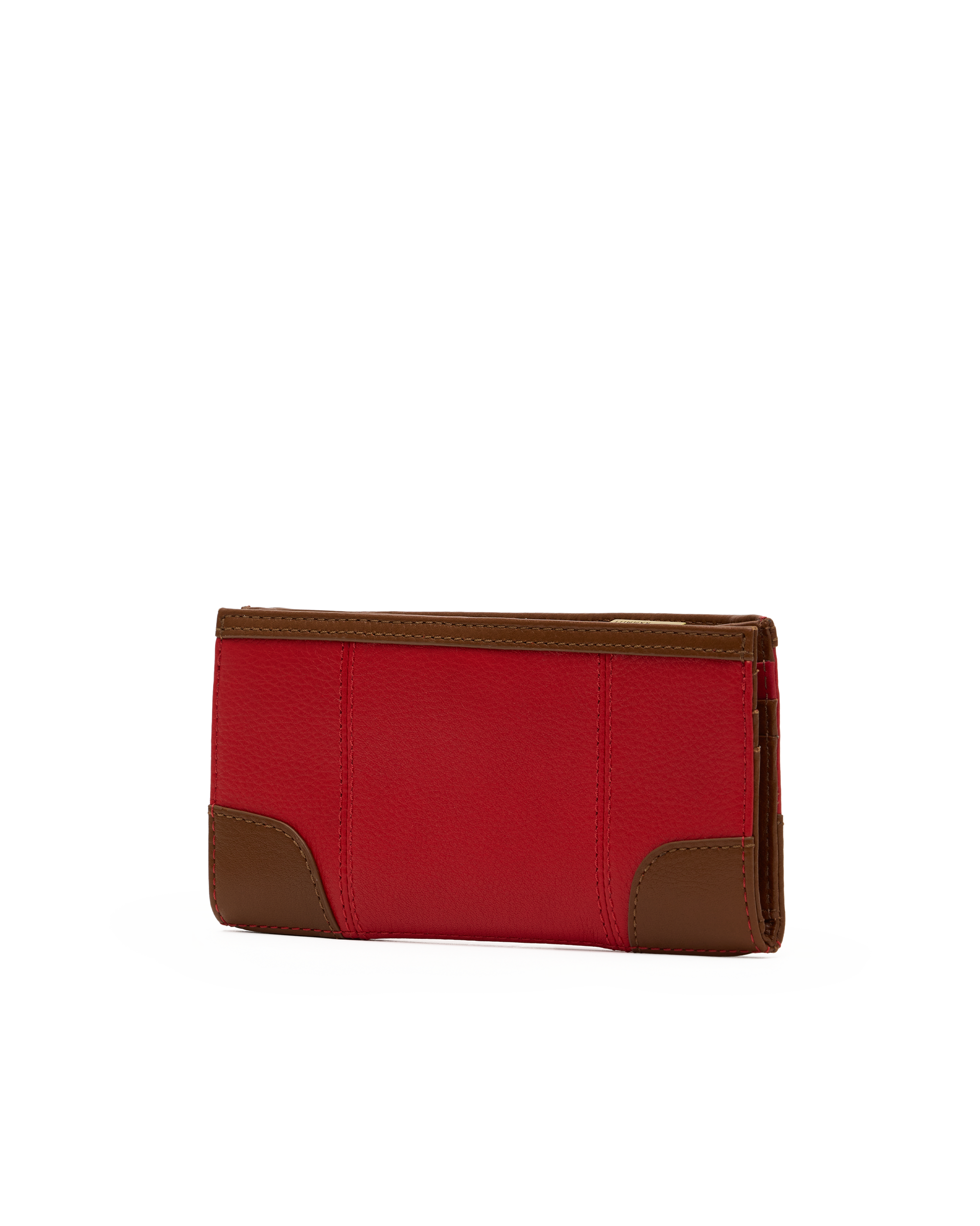 A red pebbled leather wallet with brown leather corner and trim accents, shown from a side profile view on a plain white background.