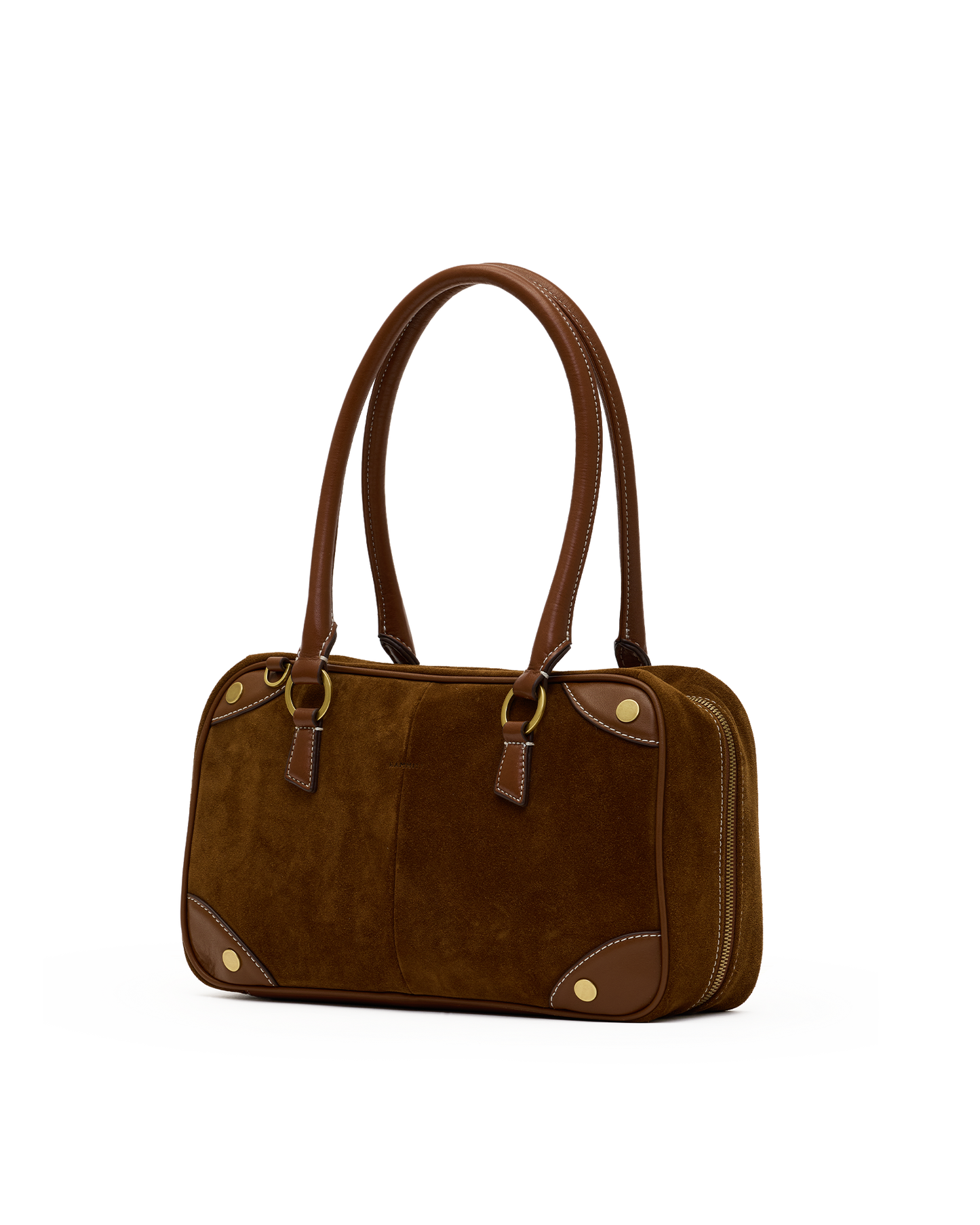 A brown suede and leather handbag with double top handles, gold-tone hardware, and corner protectors, shown on a plain white background.