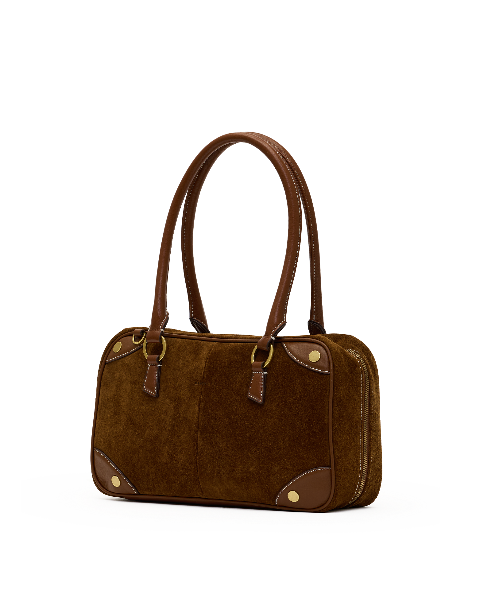 A brown suede and leather handbag with double top handles, gold-tone hardware, and corner protectors, shown on a plain white background.