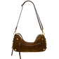 A brown suede shoulder bag with gold-tone hardware, a long shoulder strap, and a front zippered pocket, shown against a plain white background.