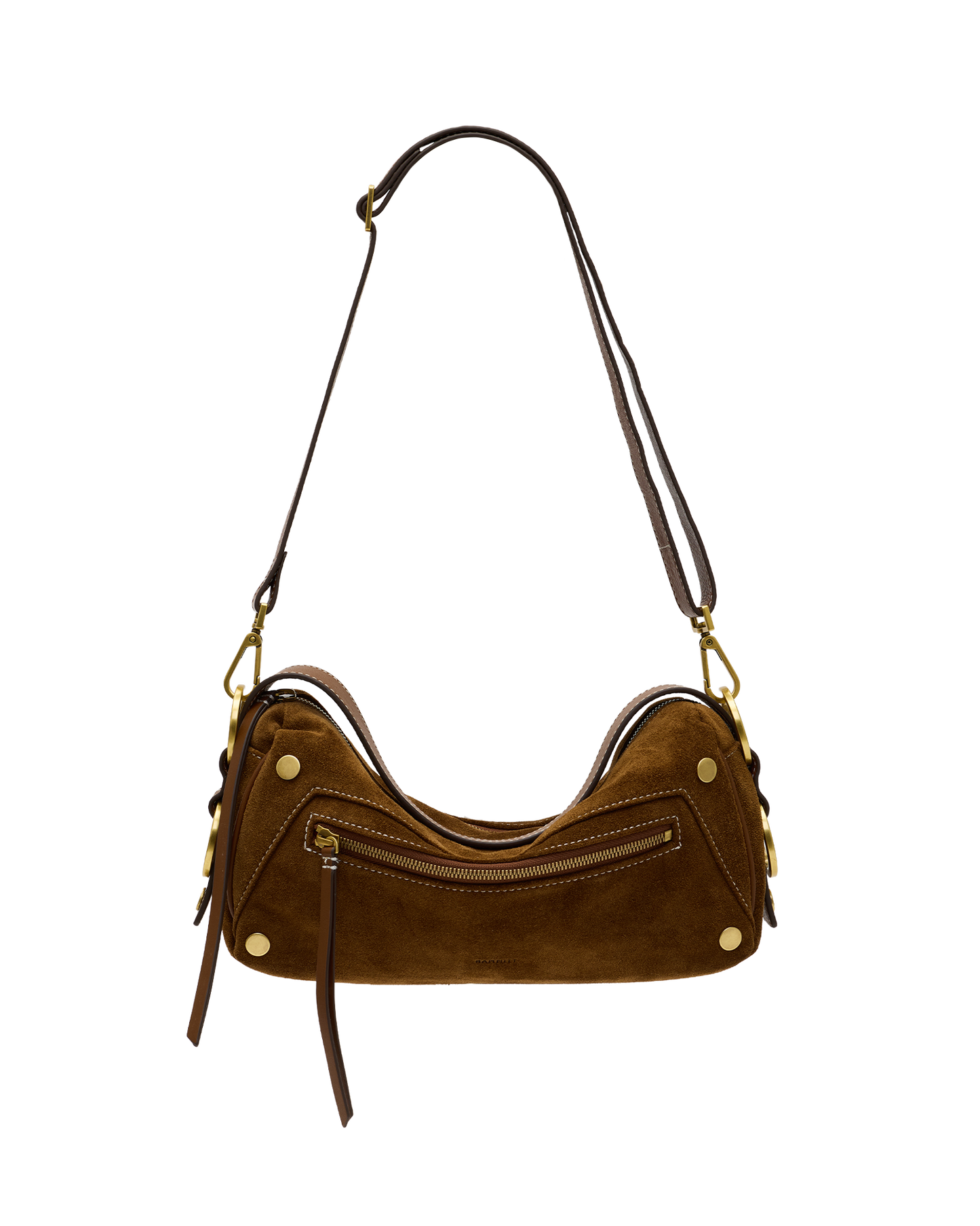 A brown suede shoulder bag with gold-tone hardware, a long shoulder strap, and a front zippered pocket, shown against a plain white background.
