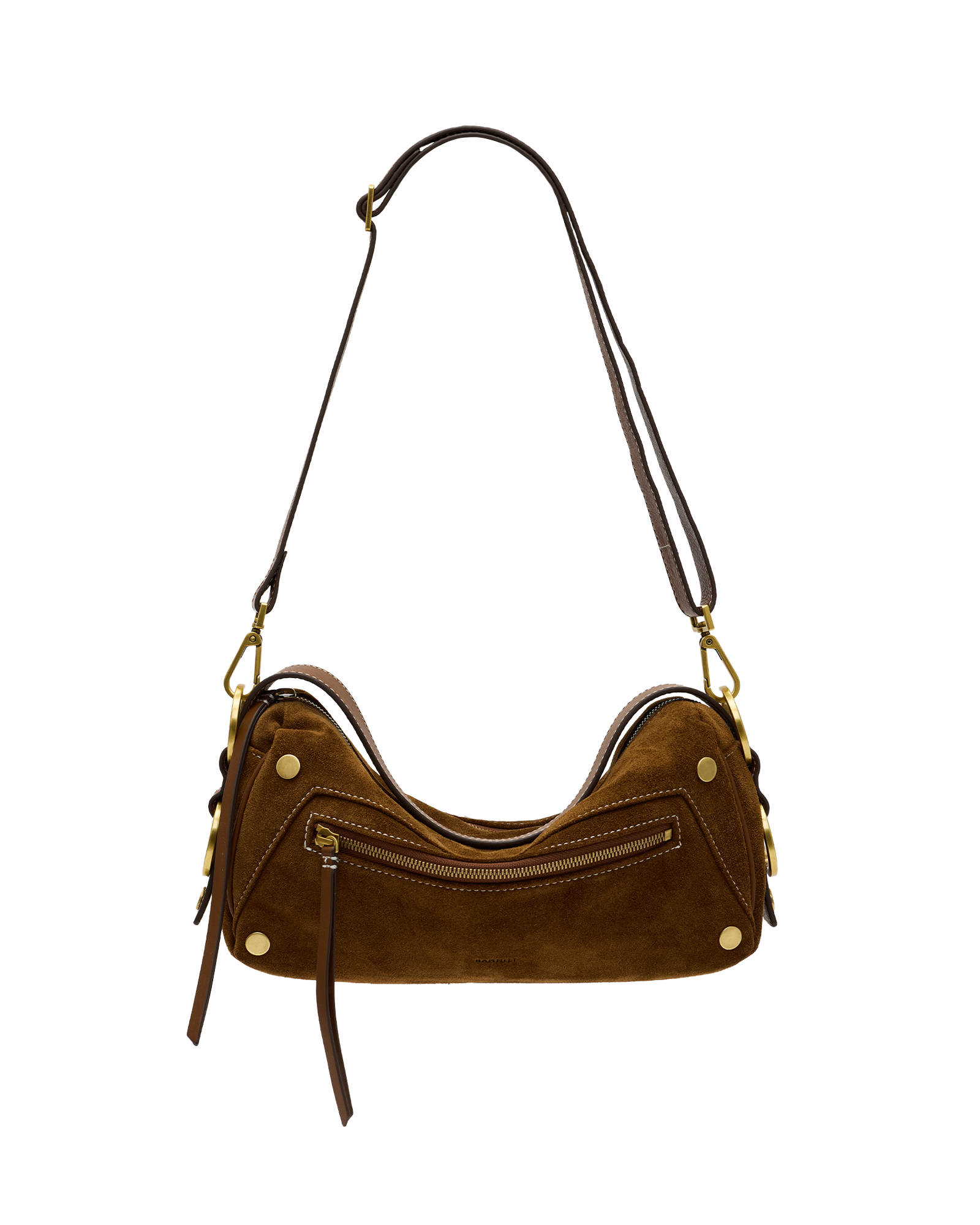 A brown suede shoulder bag with gold-tone hardware, a long shoulder strap, and a front zippered pocket, shown against a plain white background.