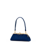 A navy blue textured clutch handbag with a gold-tone kiss-lock frame and a matching navy blue shoulder strap, shown against a plain white background.