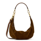A brown suede hobo shoulder bag with a matching brown leather strap and gold-tone hardware, shown against a plain white background.