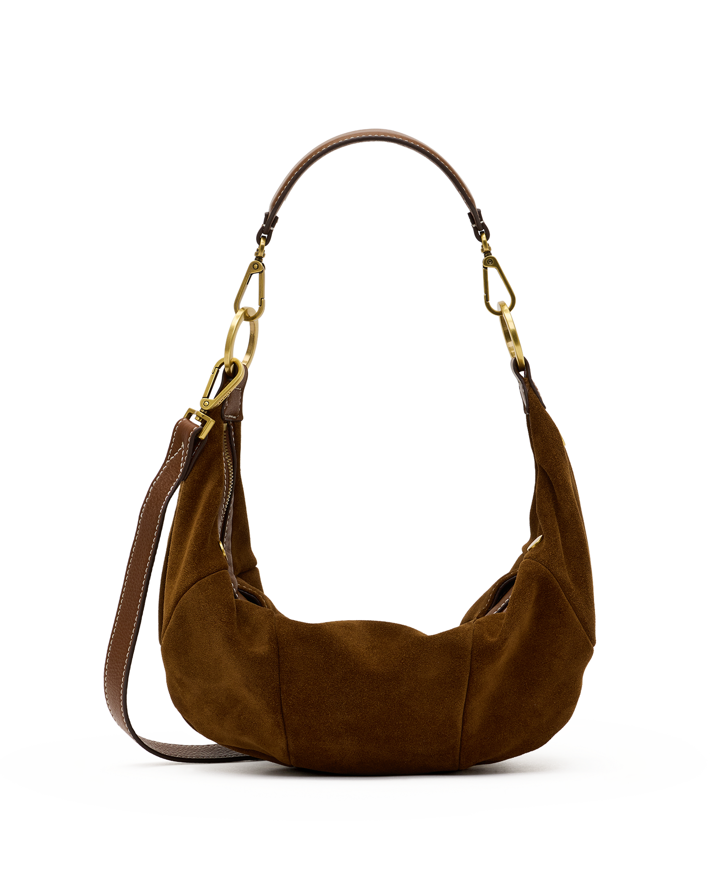 A brown suede hobo shoulder bag with a matching brown leather strap and gold-tone hardware, shown against a plain white background.