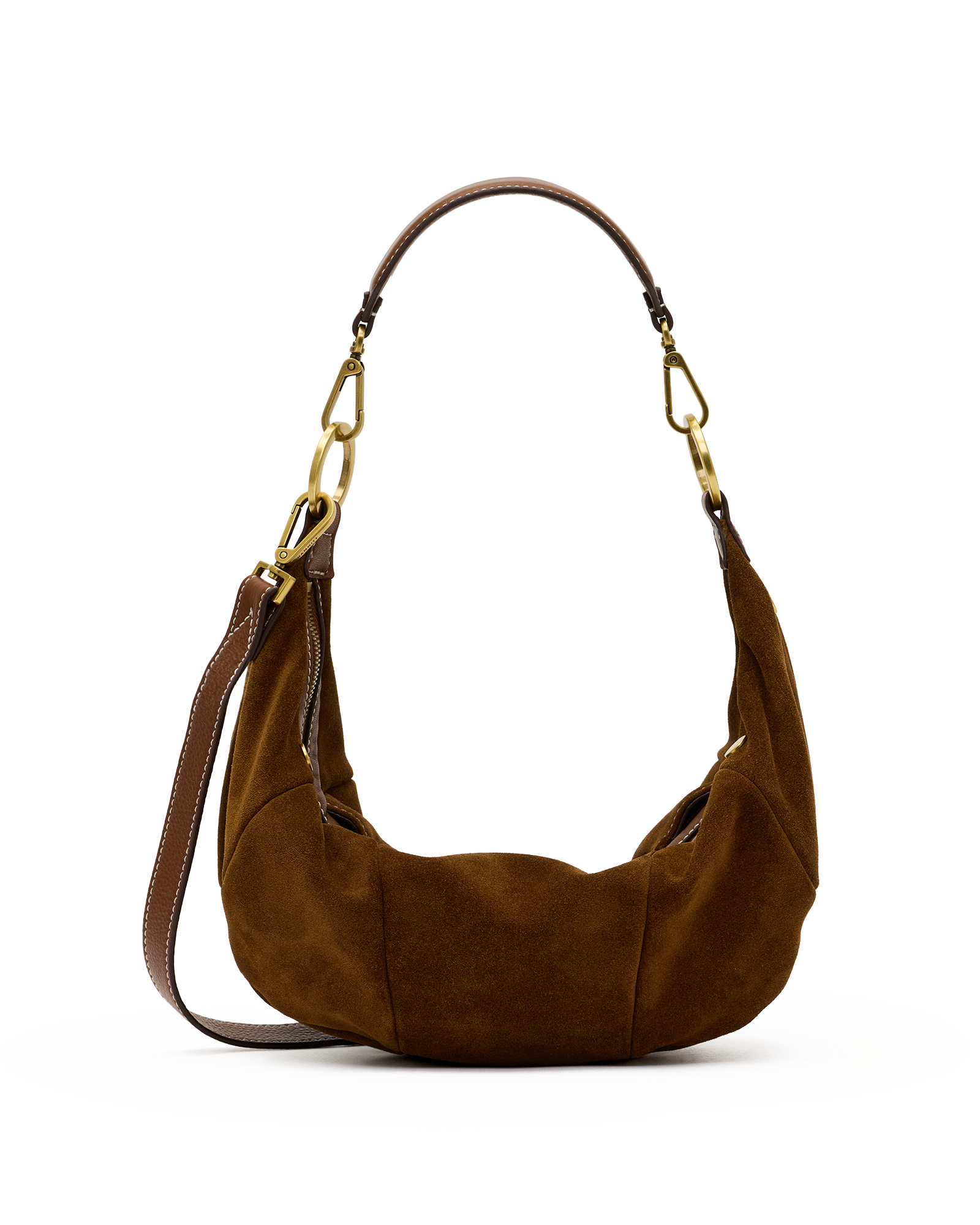 A brown suede hobo shoulder bag with a matching brown leather strap and gold-tone hardware, shown against a plain white background.