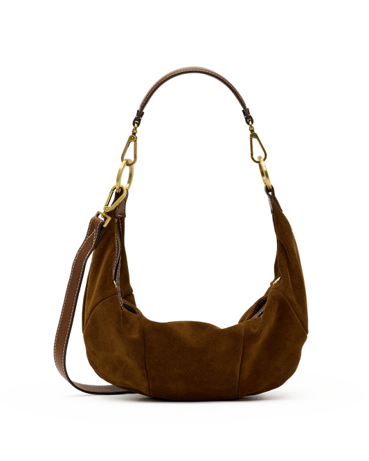 A brown suede hobo shoulder bag with a matching brown leather strap and gold-tone hardware, shown against a plain white background.