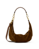 A brown suede hobo shoulder bag with a matching brown leather strap and gold-tone hardware, shown against a plain white background.