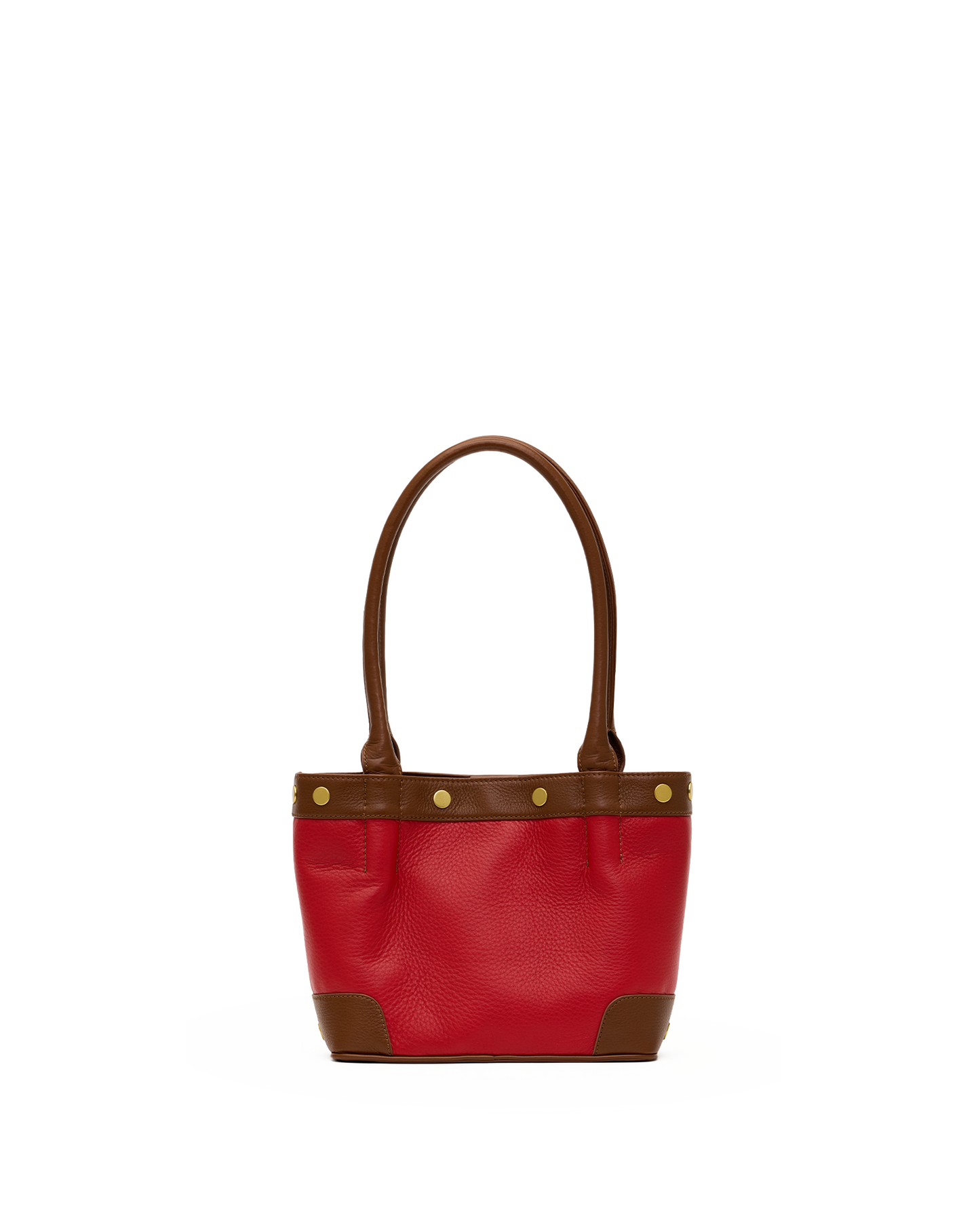 A red leather handbag with brown leather handles, trim, and corner accents, accented by gold-tone rivets, shown against a plain white background.