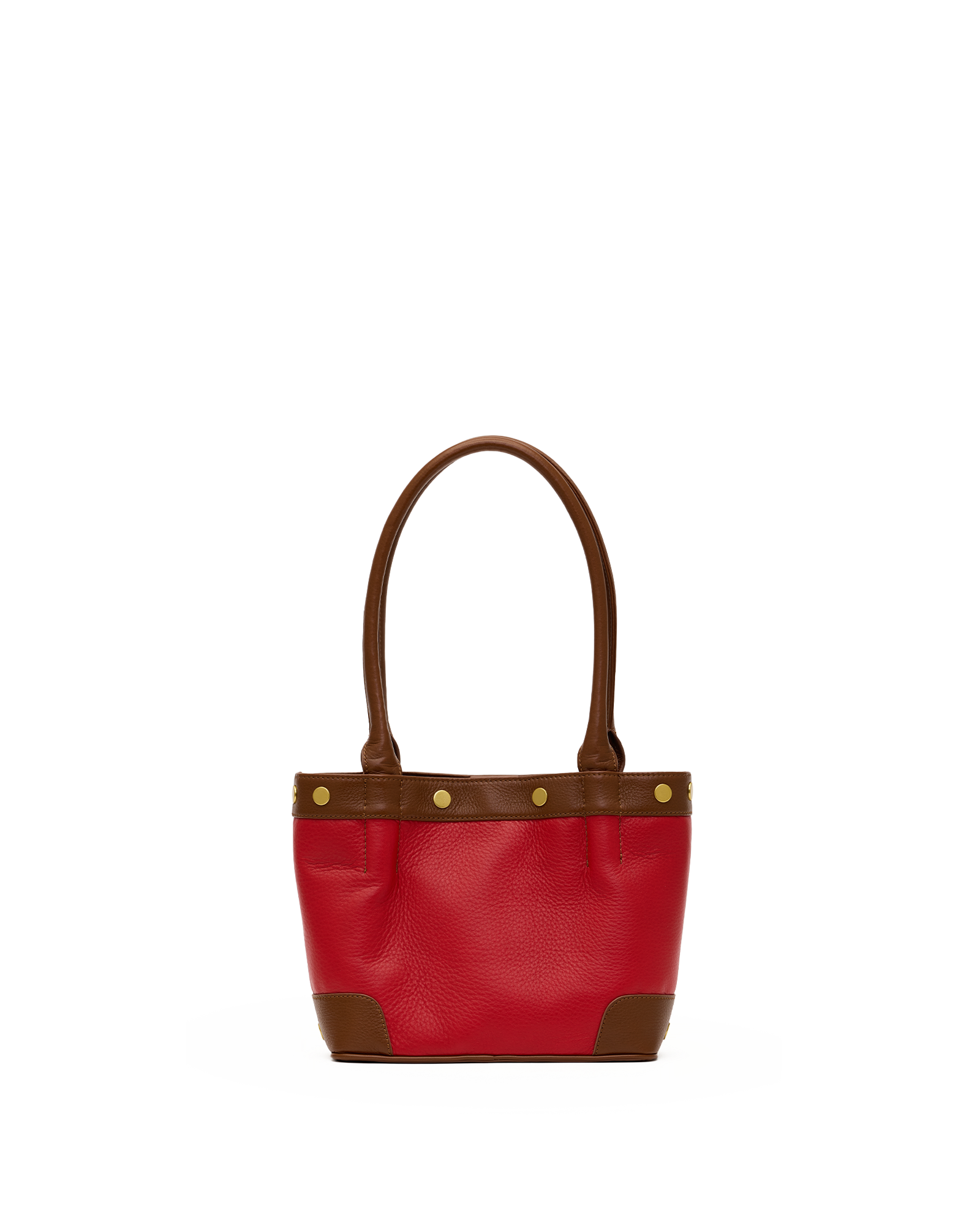 A red leather handbag with brown leather handles, trim, and corner accents, accented by gold-tone rivets, shown against a plain white background.