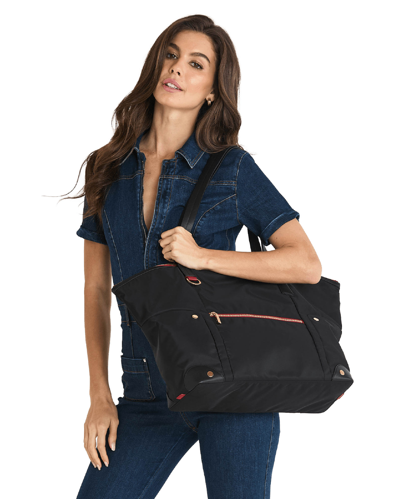 Zoe-Tote-Black-Nylon-G-Red-Zip-Model-View-2