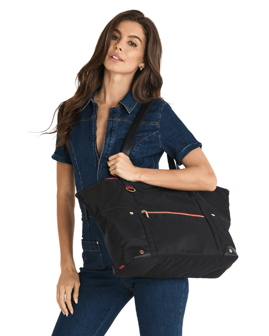 Zoe-Tote-Black-Nylon-G-Red-Zip-Model-View-2