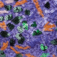 A close-up of a purple sequined fabric featuring scattered accents of green, orange, black, and pale pink sequins.
