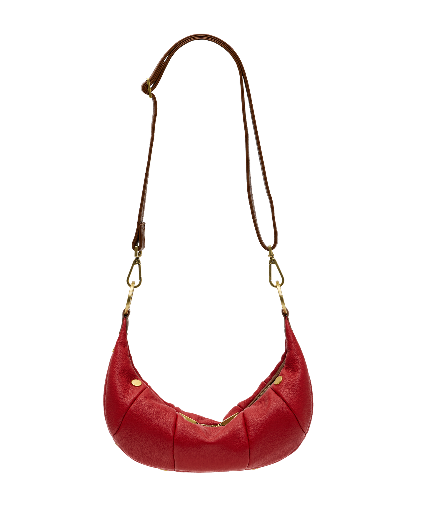 A red crescent-shaped leather shoulder bag with a brown strap and gold-tone hardware, shown against a plain white background.