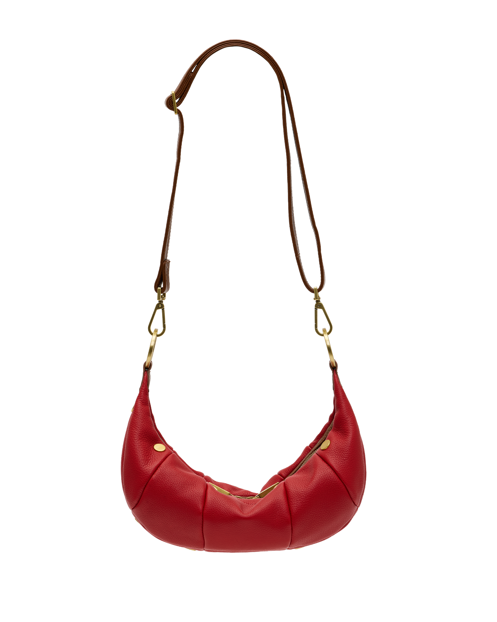 A red crescent-shaped leather shoulder bag with a brown strap and gold-tone hardware, shown against a plain white background.