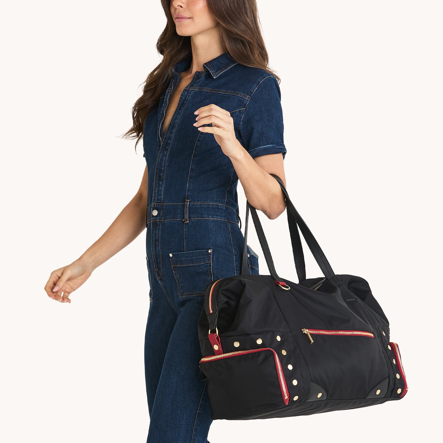 Ivy-Weekender-Black-Nylon-G-Red-Zip-Model-View-2