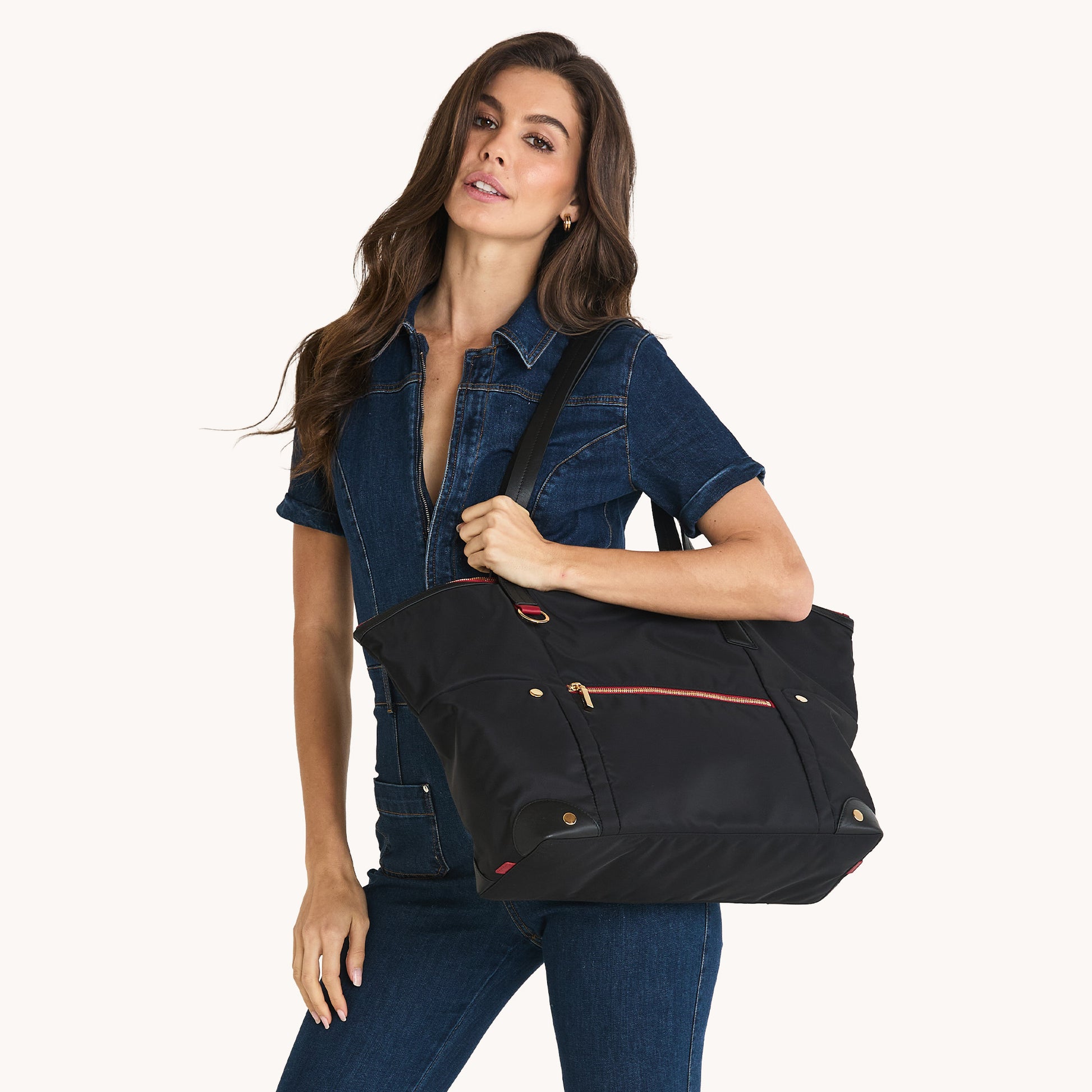 Zoe-Tote-Black-Nylon-G-Red-Zip-Model-View-2