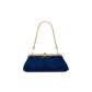 A small structured evening bag in deep blue textured fabric with a gold-tone chain handle and kiss-lock frame closure, shown against a plain white background.