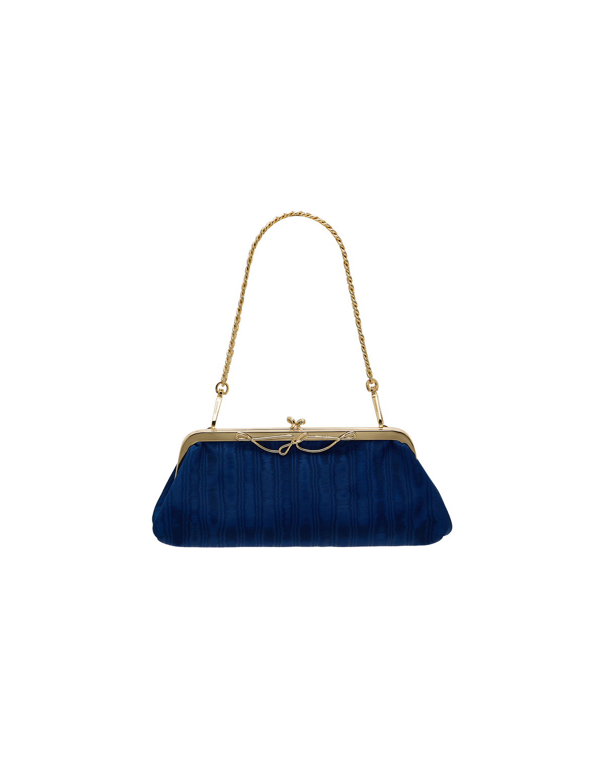 A small structured evening bag in deep blue textured fabric with a gold-tone chain handle and kiss-lock frame closure, shown against a plain white background.