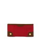 A red leather wallet with brown leather trim and gold-tone metal snap buttons, shown against a plain white background.