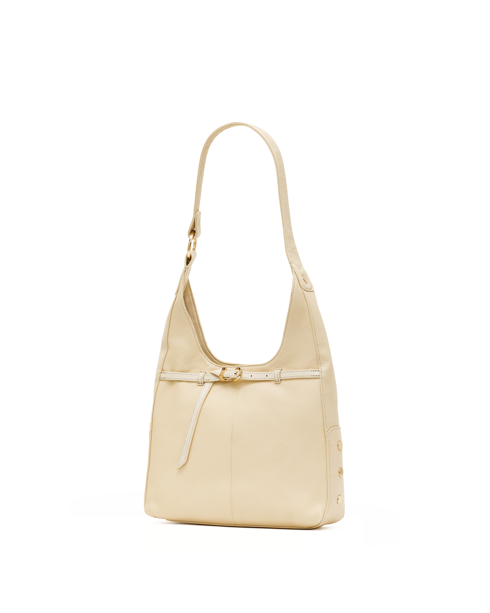 A light beige leather shoulder bag with a single strap, a front strap detail, and gold-tone hardware, shown against a plain white background.