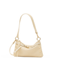 A cream-colored leather shoulder bag with gold-tone hardware, featuring a curved top, decorative rivet studs, and a long shoulder strap, shown against a plain white background.