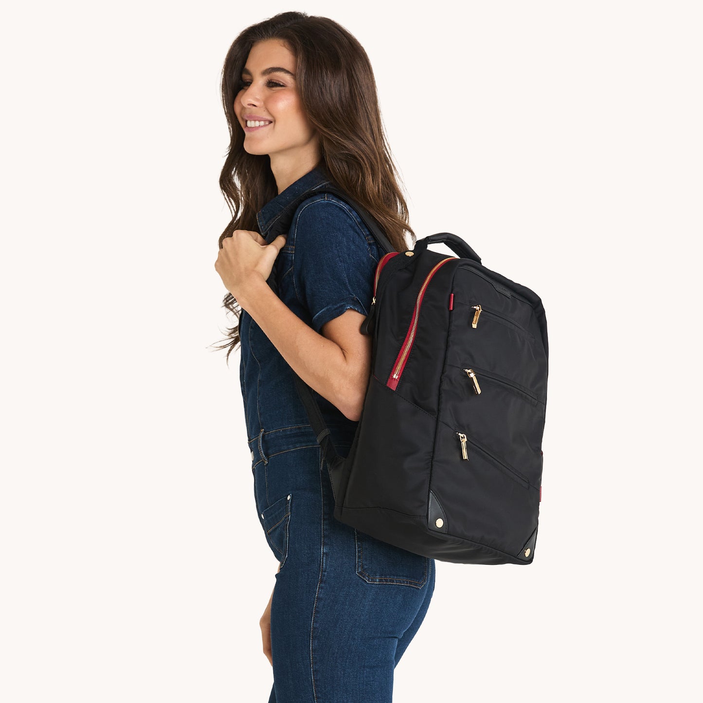 Eden-Backpack-Black-Nylon-G-Red-Zip-Model-View