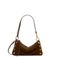 A brown suede crescent-shaped shoulder bag with gold-tone hardware and decorative gold studs.