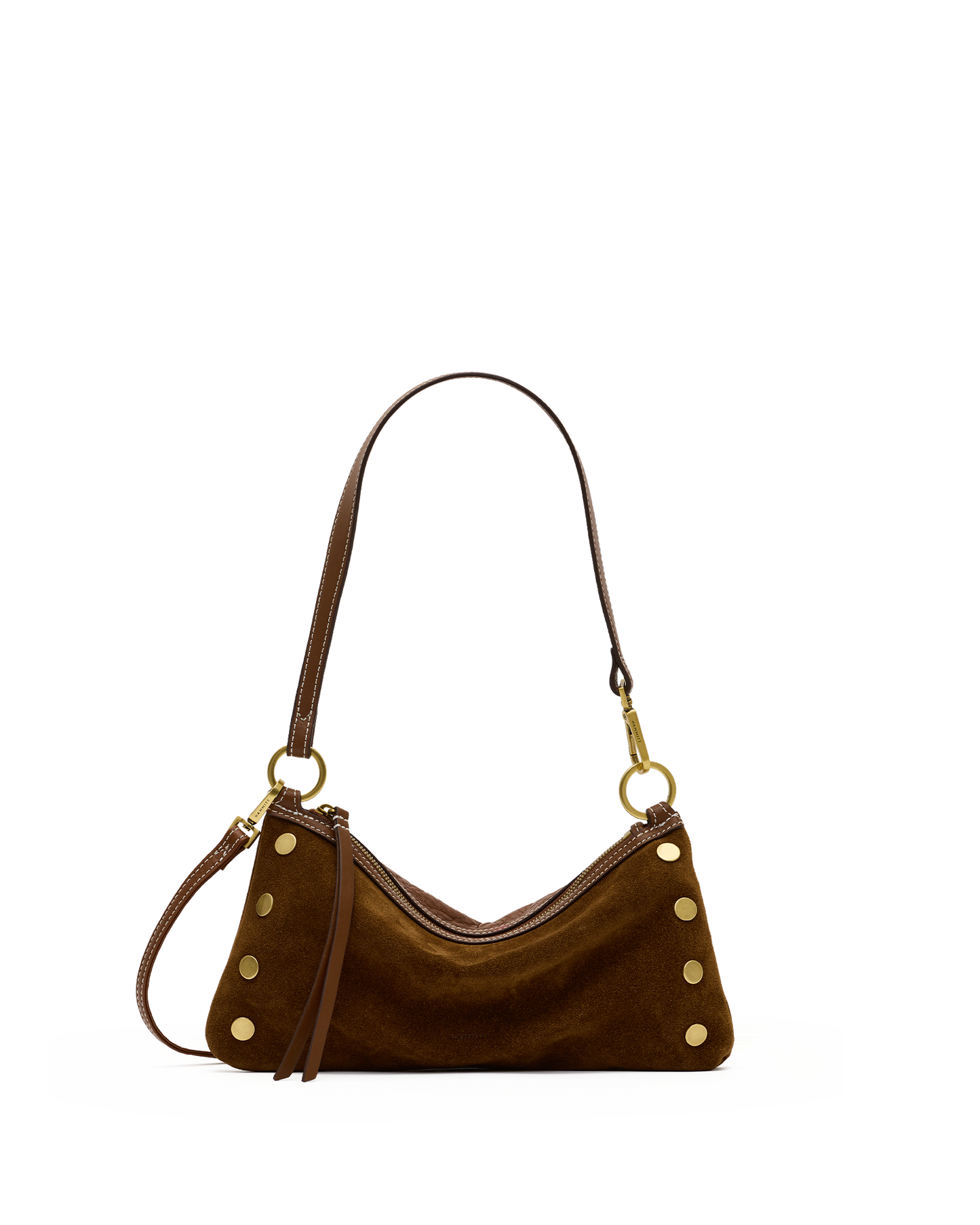 A brown suede crescent-shaped shoulder bag with gold-tone hardware and decorative gold studs.