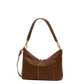A brown leather shoulder bag with gold-tone hardware, featuring a vertical zippered pocket with a red and green striped accent, set against a plain white background.