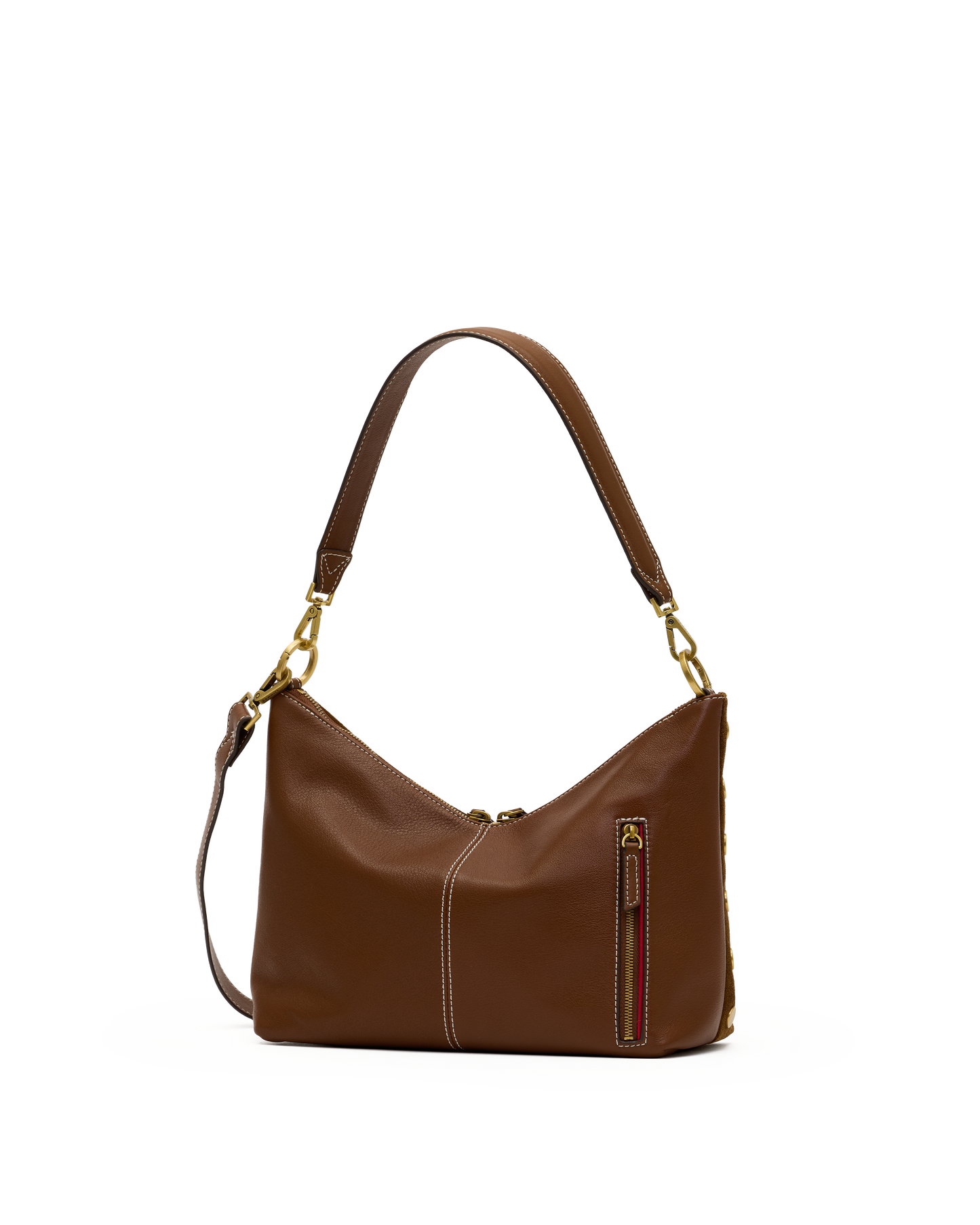 A brown leather shoulder bag with gold-tone hardware, featuring a vertical zippered pocket with a red and green striped accent, set against a plain white background.