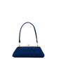 A dark blue textured clutch handbag with a gold-tone kiss-lock frame and a matching blue shoulder strap, shown against a plain white background.