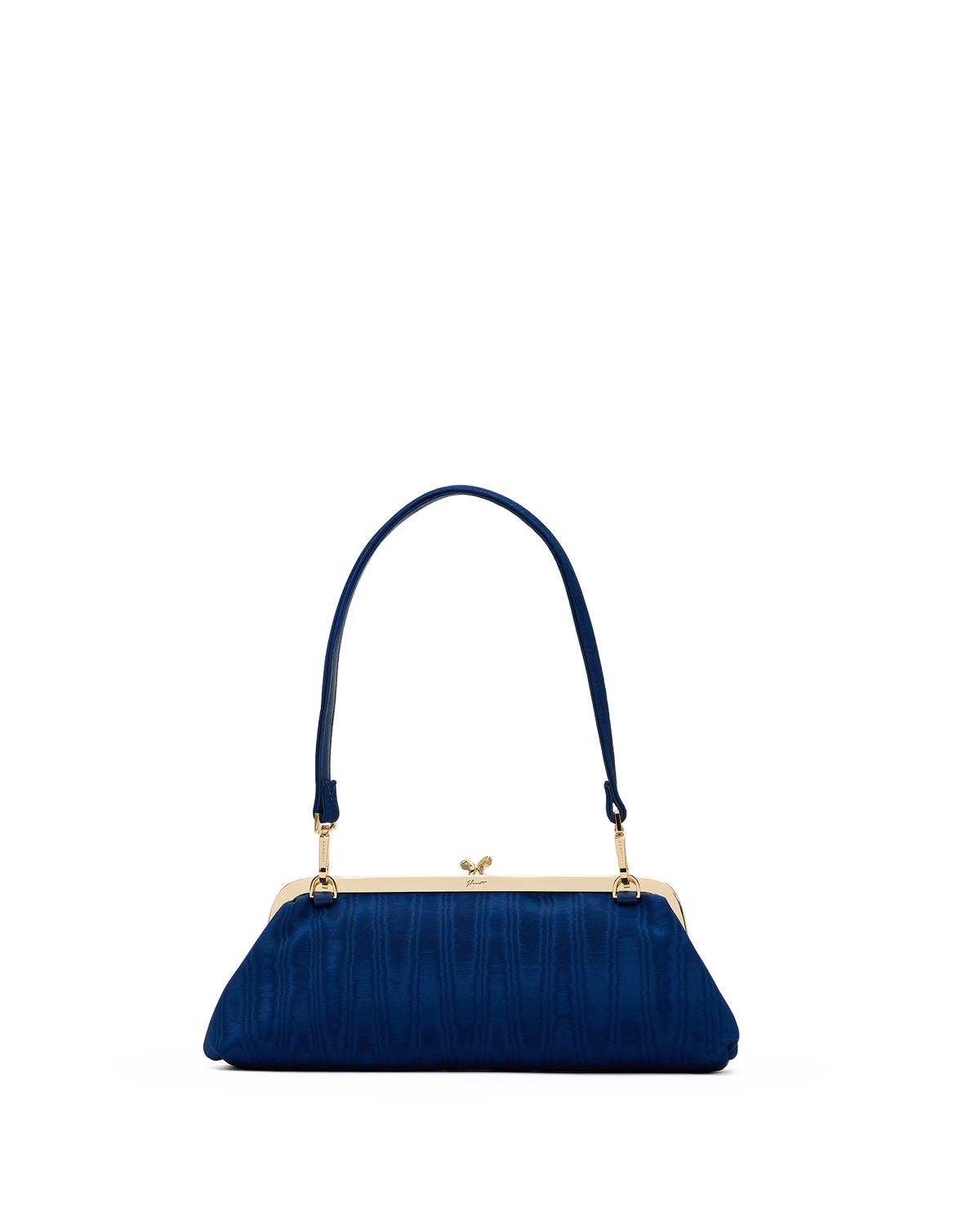 A dark blue textured clutch handbag with a gold-tone kiss-lock frame and a matching blue shoulder strap, shown against a plain white background.