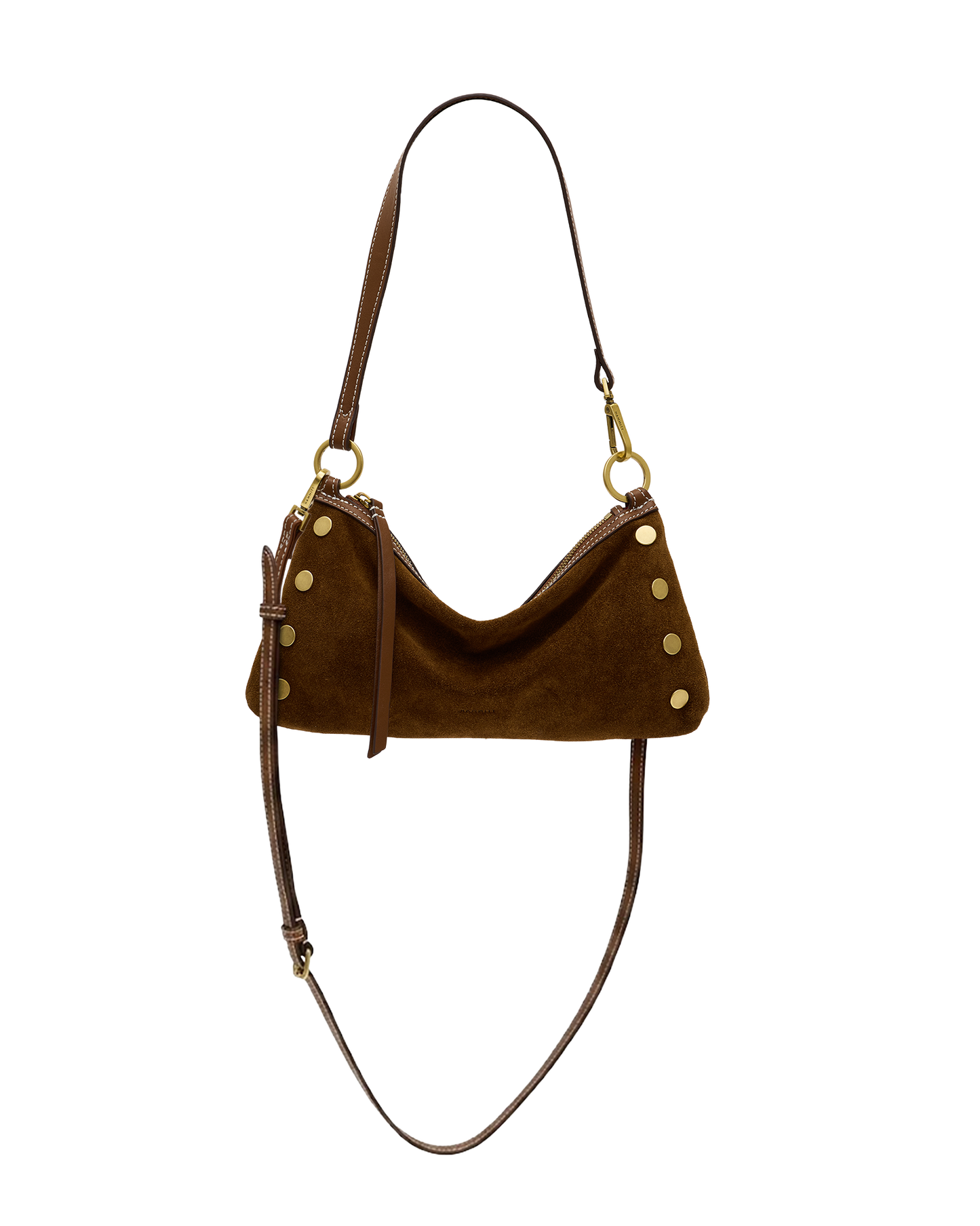 A brown suede crescent-shaped shoulder bag with gold-tone hardware and a long adjustable strap.