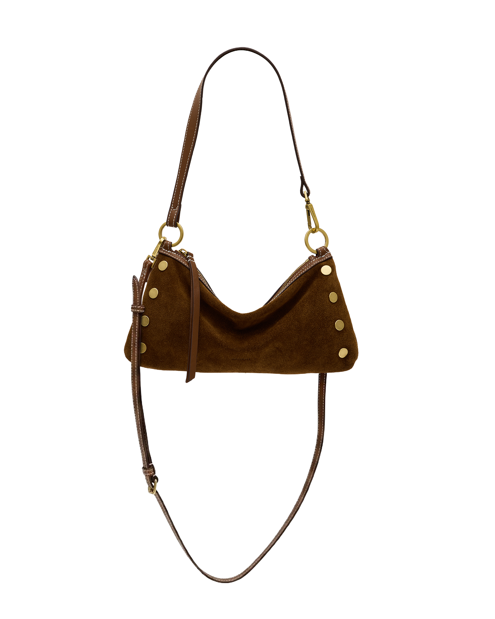 A brown suede crescent-shaped shoulder bag with gold-tone hardware and a long adjustable strap.