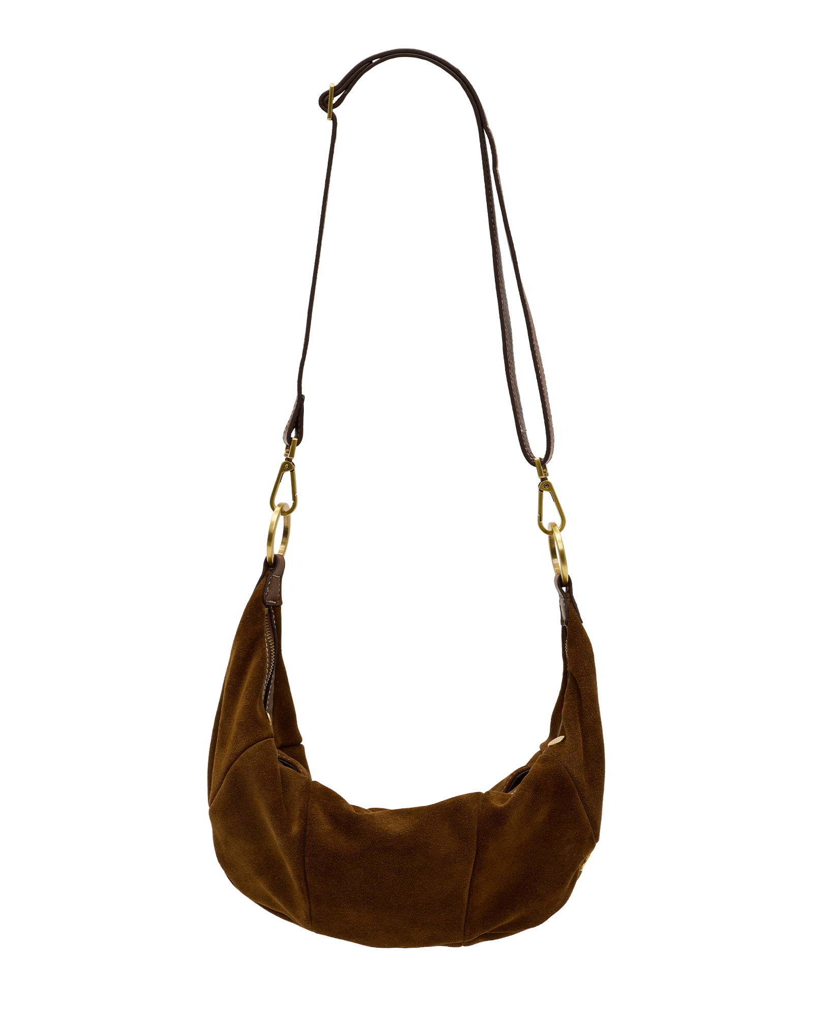 A brown suede crescent-shaped shoulder bag with a matching brown leather strap and gold-tone hardware, shown against a plain white background.