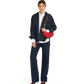 A model stands against a white studio background wearing a dark blue denim jacket and matching wide-leg jeans over a white shirt, with a red crossbody bag and brown heels.