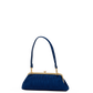 A structured navy blue evening handbag with a textured fabric body, a single shoulder strap, and a gold-tone kiss-lock frame closure, shown against a plain white background.