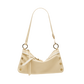 A cream-colored slouchy shoulder bag with gold-tone hardware, featuring a long strap, a front zip closure, and decorative studs on a plain white background.