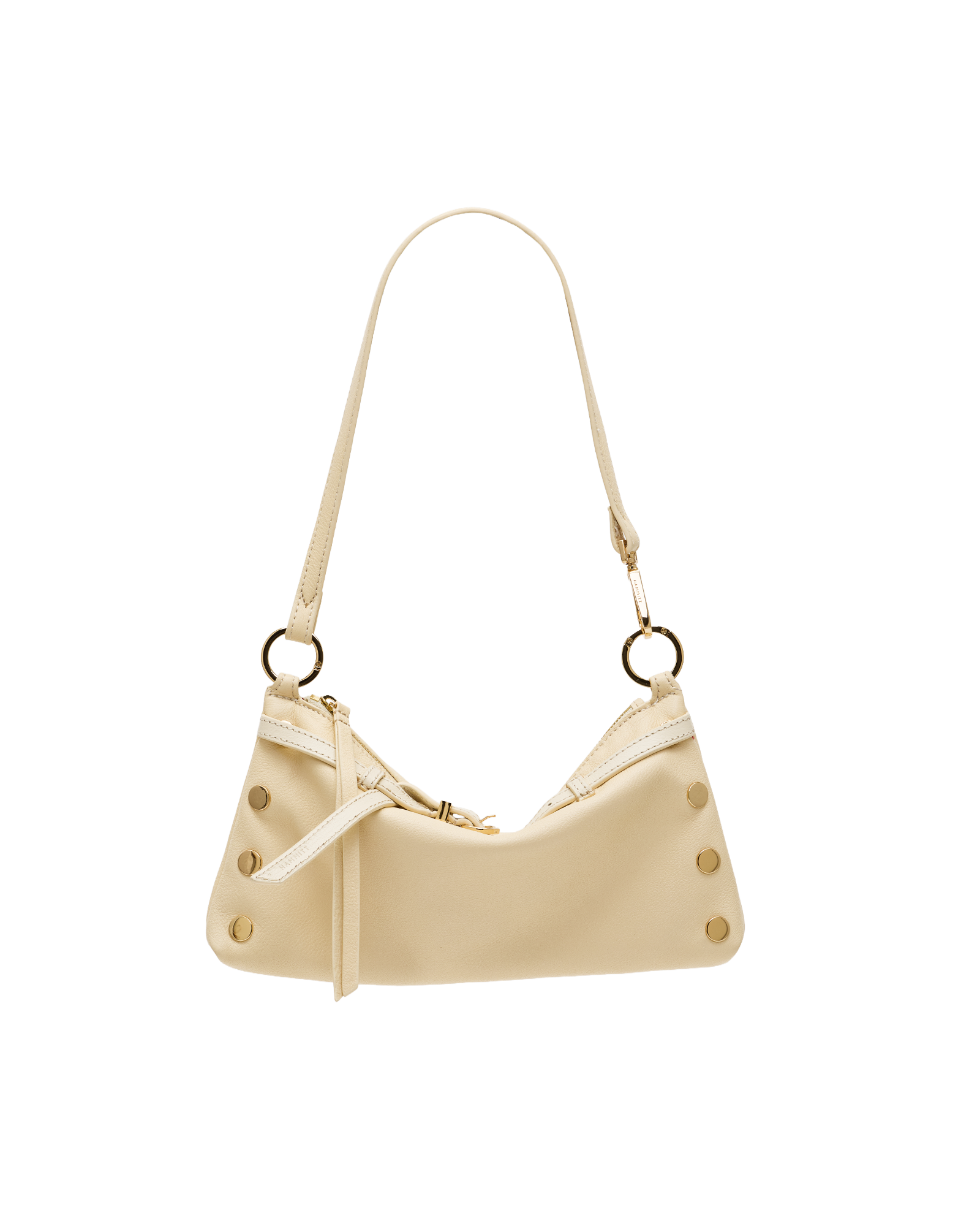 A cream-colored slouchy shoulder bag with gold-tone hardware, featuring a long strap, a front zip closure, and decorative studs on a plain white background.