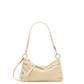 A cream-colored faux leather shoulder bag with gold-tone hardware, featuring a crescent-shaped body, decorative rivets, and a matching shoulder strap, shown against a plain white background.