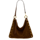 A brown suede slouchy shoulder bag with gold-tone studs and hardware, shown against a plain white background.