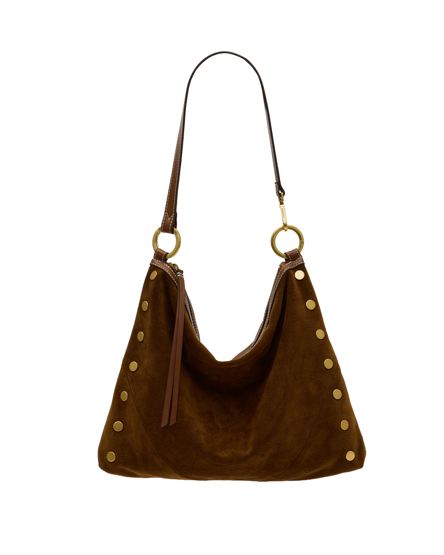 A brown suede slouchy shoulder bag with gold-tone studs and hardware, shown against a plain white background.