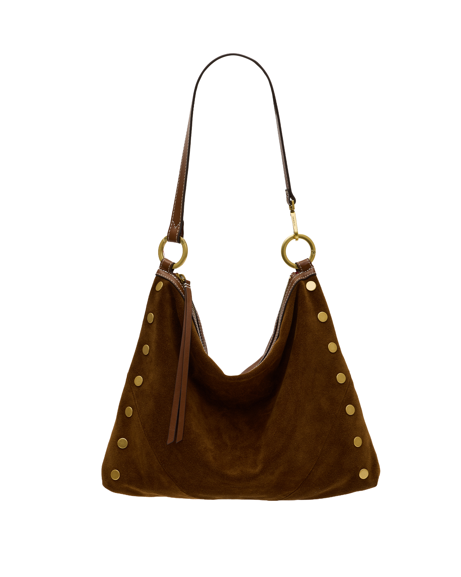 A brown suede slouchy shoulder bag with gold-tone studs and hardware, shown against a plain white background.